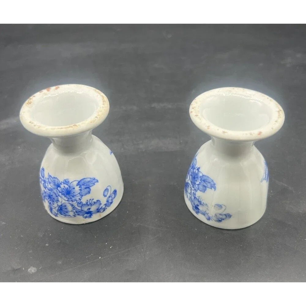 Vintage Blue White Porcelain Egg Cups Set of 2 Floral Transferware Gold Trim